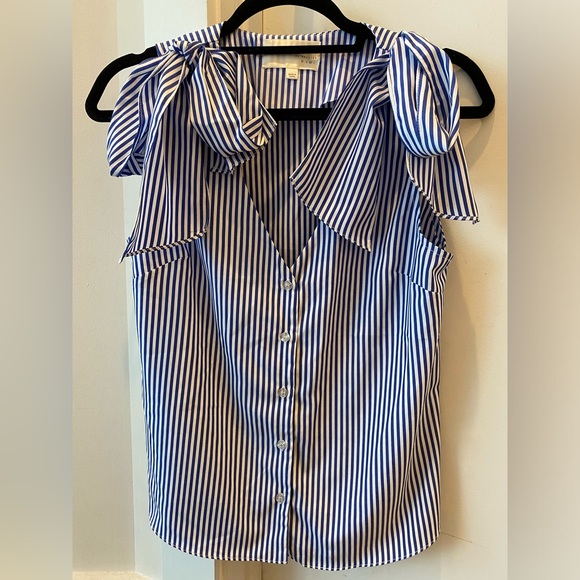 J.O.A Los Angeles Blouse Medium Blue Striped Bow Shoulder Button Up Top - Picture 2 of 3